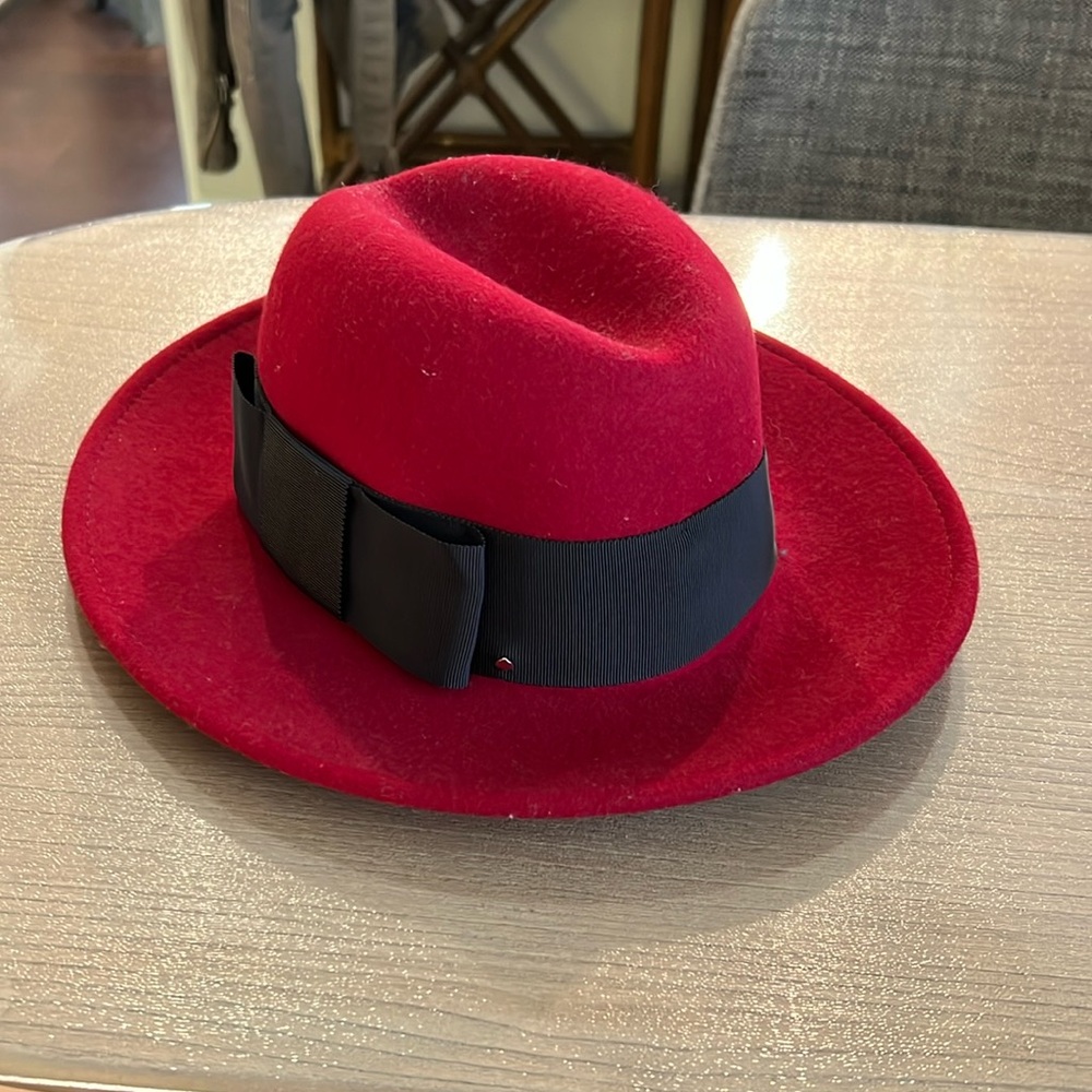 Kate spade crimson red blue fedora "hats off" 100 % wool circa early 2000s y2k